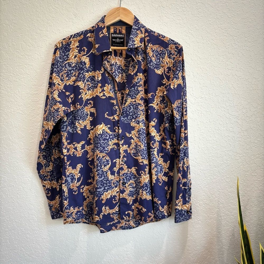 Barabas Blue Printed Long Sleeve Button Up Shirt Size Large